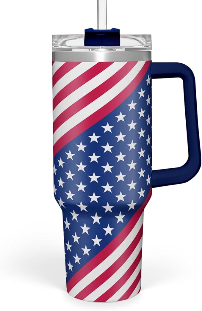 SANDJEST American Flag Tumbler with Handle, America Engraved 40oz Stainless Steel Insulated Coffee Mug with Lid & Straw, America Gifts for Men Women, USA Tumblers Cup Gift for Christmas - Bloomnest