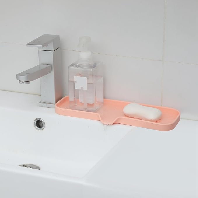 Silicone Bathroom Soap Dishes with Drain Spout-Bathroom and Kitchen Sink Organizer,Sponge Holder,Dish Soap Tray,Perfect for Dispenser,Scrubber,Bottle,Cup on Sink or Counter-Pink 12"×4" - Bloomnest