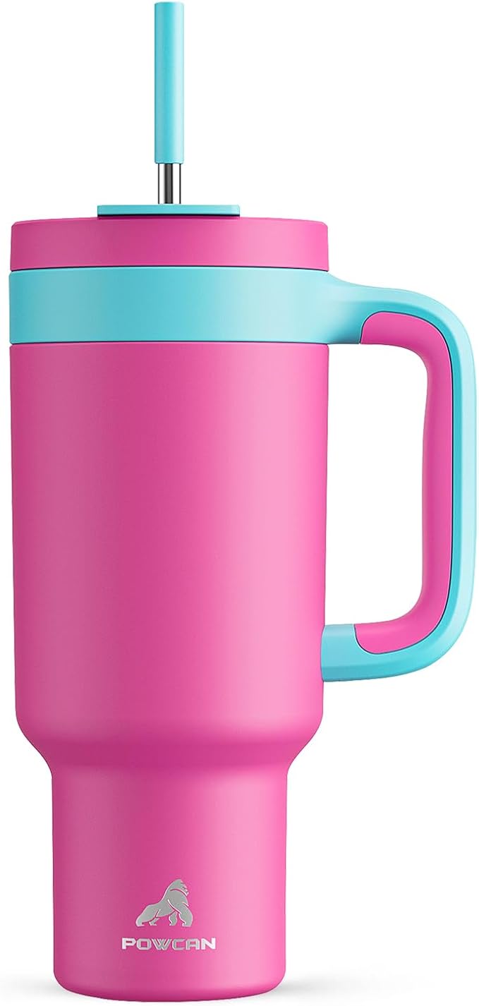 POWCAN 40 oz Tumbler with Handle, 2-in-1 Straw and Sip Lid, Leakproof, Dishwasher Safe, Insulated Stainless Steel Travel Coffee Mug, Keeps Cold for 34 Hours, Fits in Car Cup Holder (Petal) - Bloomnest