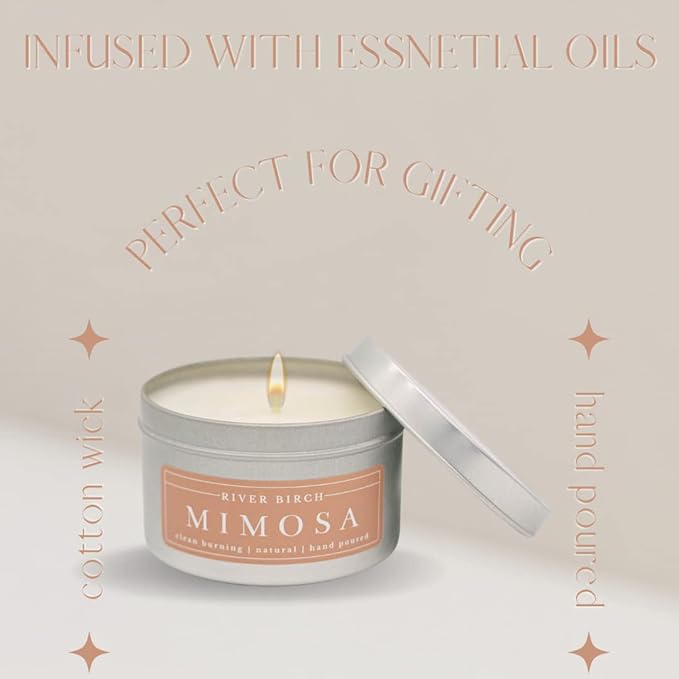 River Birch Premium, All-Natural, Non-Toxic Soy Candle | Mimosa Scented | 8 oz. Silver Tin Travel Candle | Cozy Relaxing Gifts for Home - Bloomnest