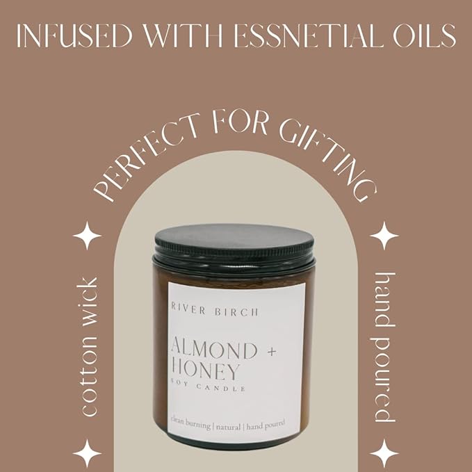 River Birch Candles Almond + Honey Scented Candle | Premium, All-Natural, Non-Toxic, Soy Amber Jar Candles | 8.5oz 40 Hr Burn Time | Cozy Relaxing Gifts for Home - Bloomnest