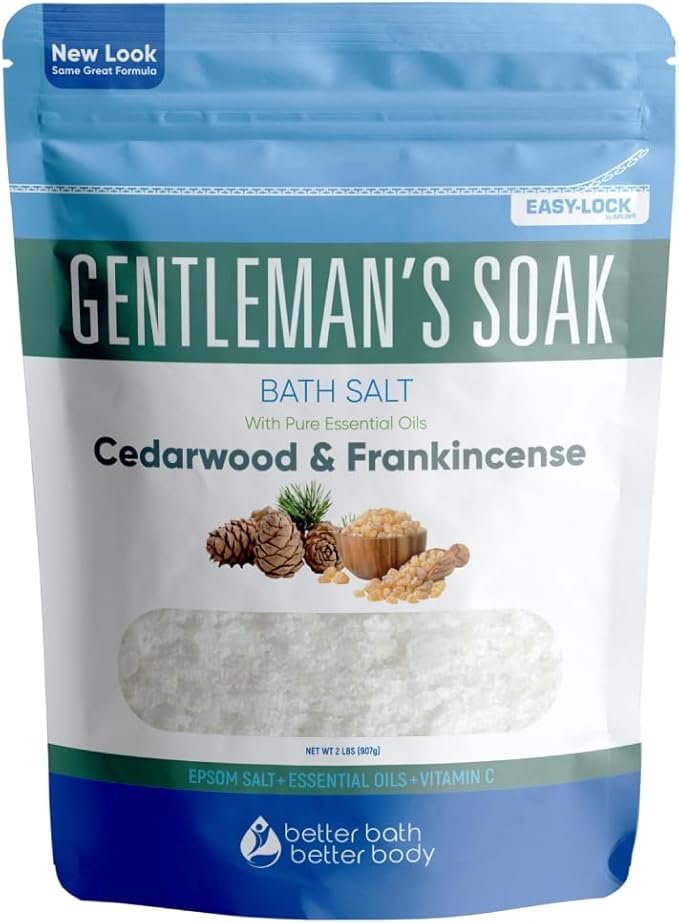 Gentleman's Bath Salt 32 Ounces Epsom Salt with Natural Cedarwood, Frankincense, Eucalyptus and Peppermint Essential Oils Plus Vitamin C in BPA Free Pouch with Easy Press-Lock Seal - Bloomnest