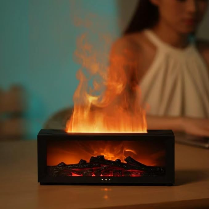 Fireplace Aroma Diffuser Humidifier, 7 Color Changing Essential Oil Diffuser with Realistic Flame Effect, Ultrasonic Quiet Aromatherapy Humidifier for Bedroom, Office, Home, Yoga Meditation (Black) - Bloomnest