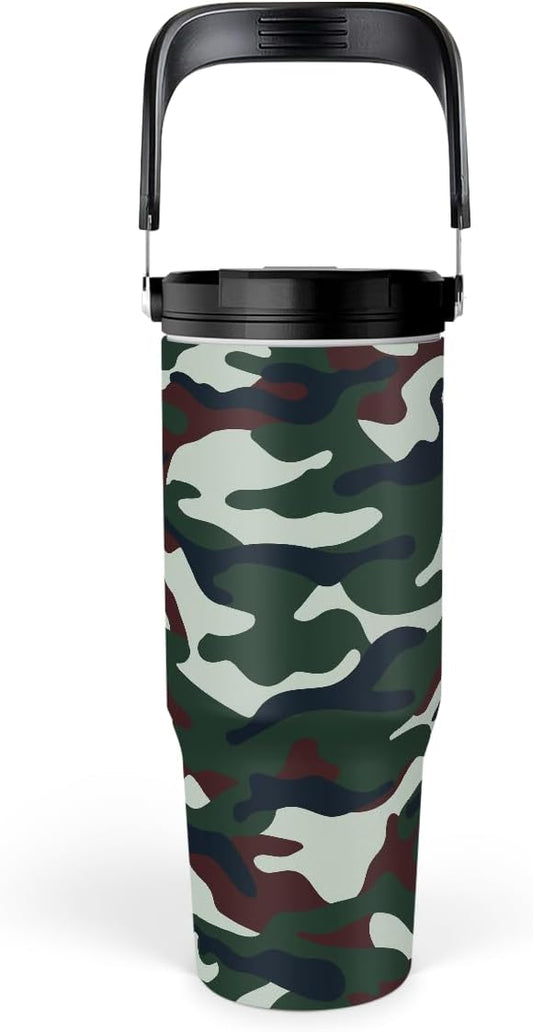 SANDJEST Camo Tumbler with Handle 30oz - Camouflage Tumblers Stainless Steel Insulated Flip Straw Coffee Travel Cup, Gifts for Men Veteran Hunting Lover Sport Outdoor Workout
