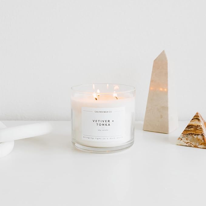 Calyan Wax Co. Vetiver & Tonka 3 Wick Scented Candle - 43 Hour Burn - Luxury 3 Wick Soy Candles - Non Toxic Soy Wax Candles - Long Lasting Large Glass Jar Candle for Home - 14.9oz - Bloomnest