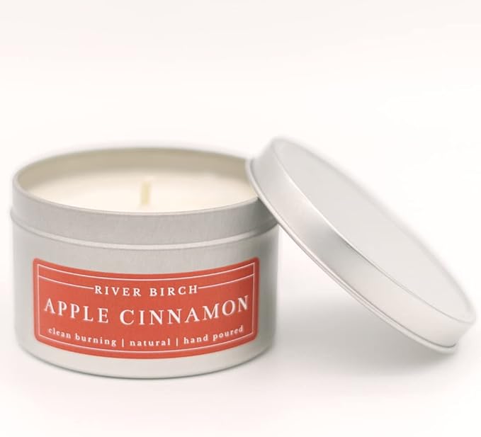 River Birch Candles Apple Cinnamon Scented Candle | Premium, All-Natural, Non-Toxic, Soy Candles | 8 oz. Silver Tin Travel Candle | Cozy Relaxing Gifts for Home - Bloomnest