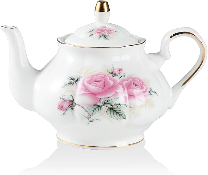 Sweejar Ceramic Teapot with Infuser, Floral Relief Gold Rimmed Teapot, 29 OZ Porcelain Tea Pot for Blooming and Loose Tea, Coffee...(Pink Flower) - Bloomnest