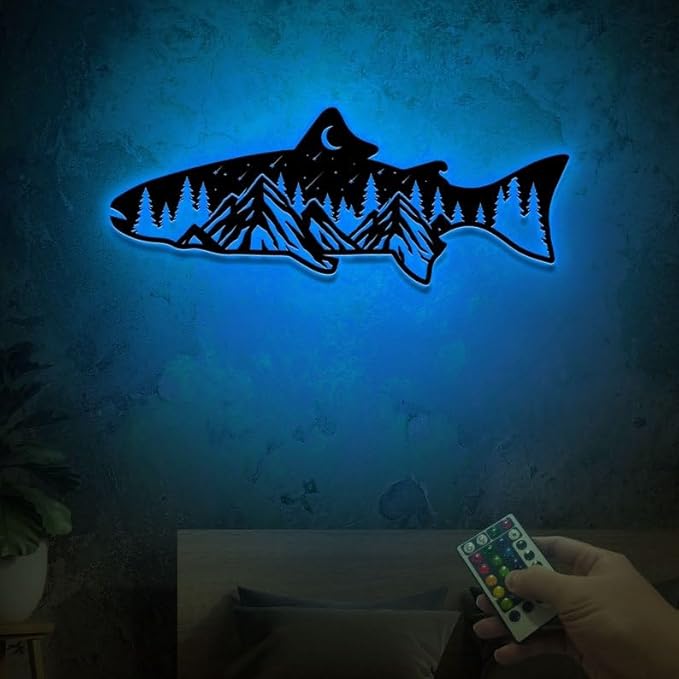 Personalized Neon Sign, Bass Fish Mountain Metal Wall Art Led Light, Fishing Gifts for Men, Gift for Dad, Fish and Trees Sign, Cabin Lodge Decor, Fisherman Gift - Bloomnest