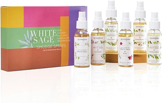 White Sage Smudge Spray Gift Set by Aromafume | 6x50ml/1.7 fl oz | White Sage with Rose, Lavender, Palo Santo, Sandalwood, Frankincense | Sprays for Cleansing Negative Energy & Protection Aromafume