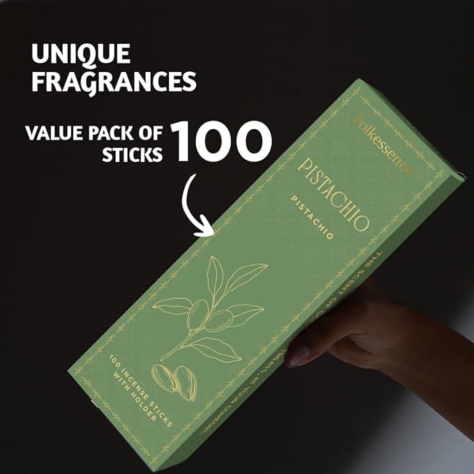 Folkulture Incense Sticks | Set of 100 Insence-Sticks with Holder for Relaxation | Pistachio Fragrance Incense | Organic, Slow Burning & Non Toxic Inscents for Meditation | Dessert Inspired