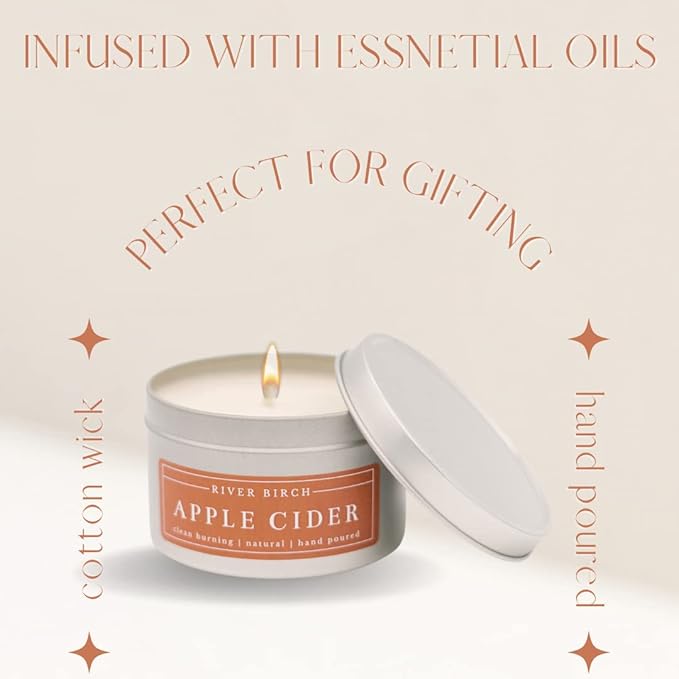 River Birch Candles Apple Cider Scented Candle | Premium, All-Natural, Non-Toxic, Soy Candles | 8 oz. Silver Tin Travel Candle | Cozy Relaxing Gifts for Home - Bloomnest