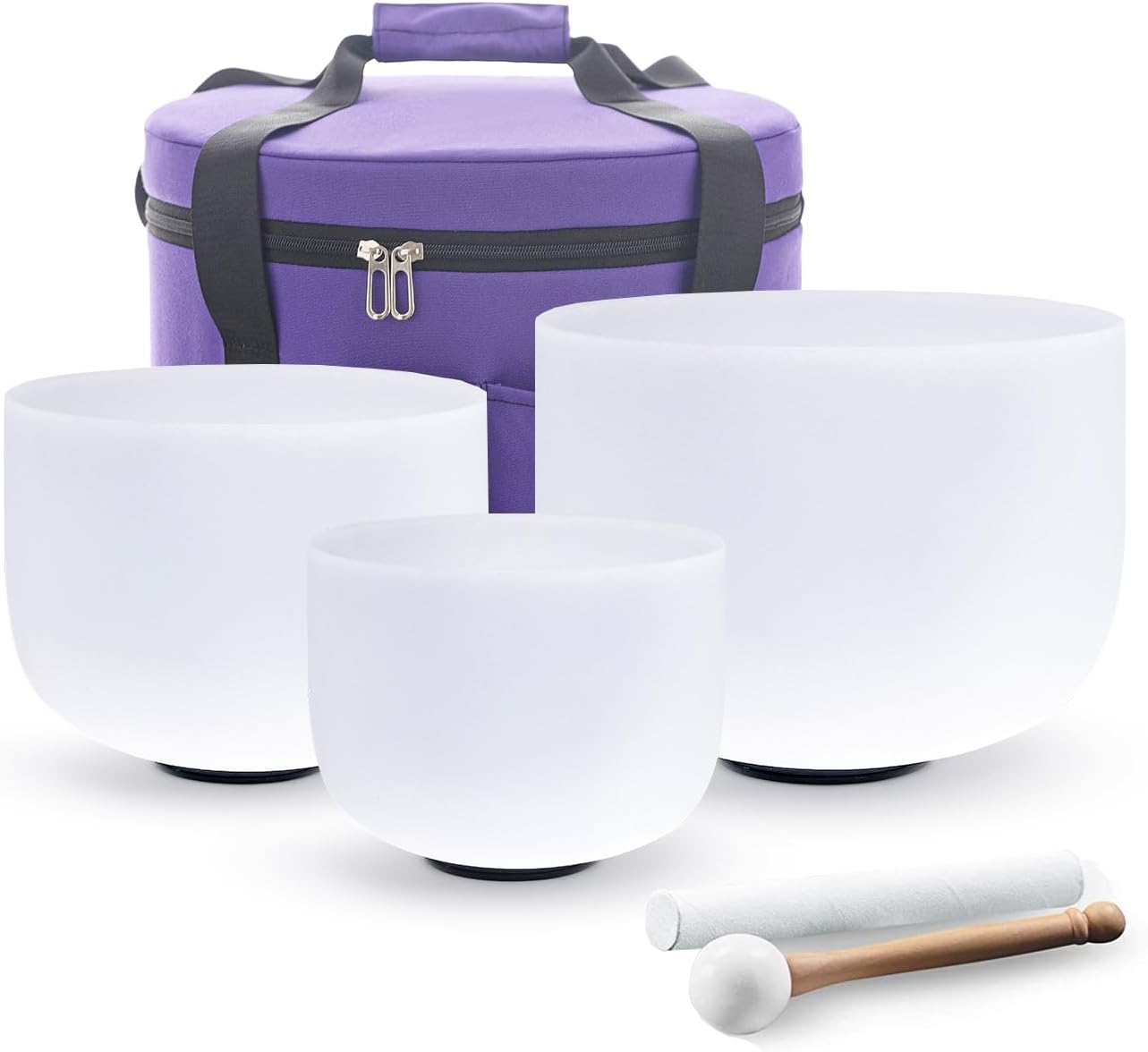 Hye-eu Quartz Crystal Singing Bowls Set of 3pcs 7"G 9"E 11"C 3pcs Frosted Quartz Chakra Bowls 432hz Tuned 7-11 inch with Carrying Case for Sound Healing Yoga Meditation