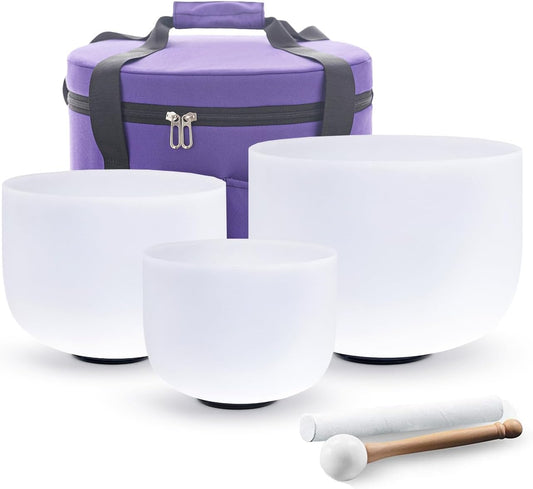 Hye-eu Quartz Crystal Singing Bowls Set of 3pcs 7"G 9"E 11"C 3pcs Frosted Quartz Chakra Bowls 432hz Tuned 7-11 inch with Carrying Case for Sound Healing Yoga Meditation