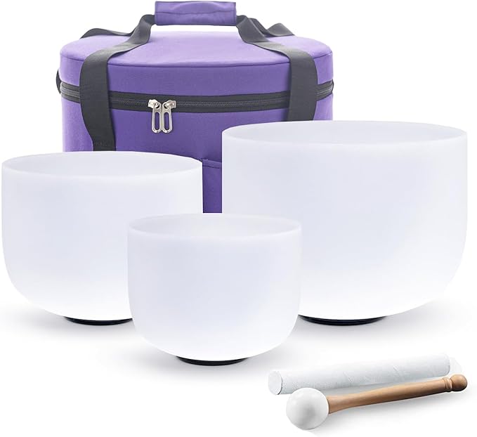 Hye-eun Crystal Singing Bowls Set of 3, 432hz 7"A 9"F 11"D 3pcs Frosted Quartz Chakra Sound Bowl with Carrying Case for Sound Healing Yoga Meditation - Bloomnest