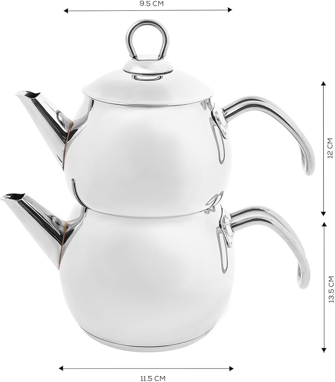 Karaca Adelya Stainless Steel Induction Teapot Set with 0.65L Teapot & 1.1L Tea Kettle, Traditional Turkish Tea Set Brewing System, Dishwasher Safe, Silver - Bloomnest