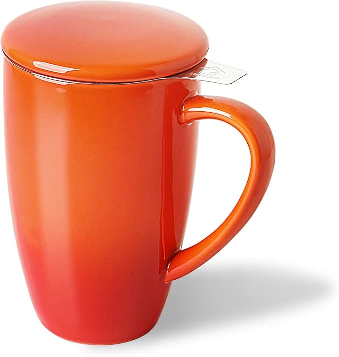 Sweejar Porcelain Tea Mug with Infuser and Lid,Teaware with Filter, Loose Leaf Tea Cup Steeper Maker, 16 Fl Oz for Tea/Coffee/Milk/Women/Office/Home/Gift (Gradient Orange) - Bloomnest