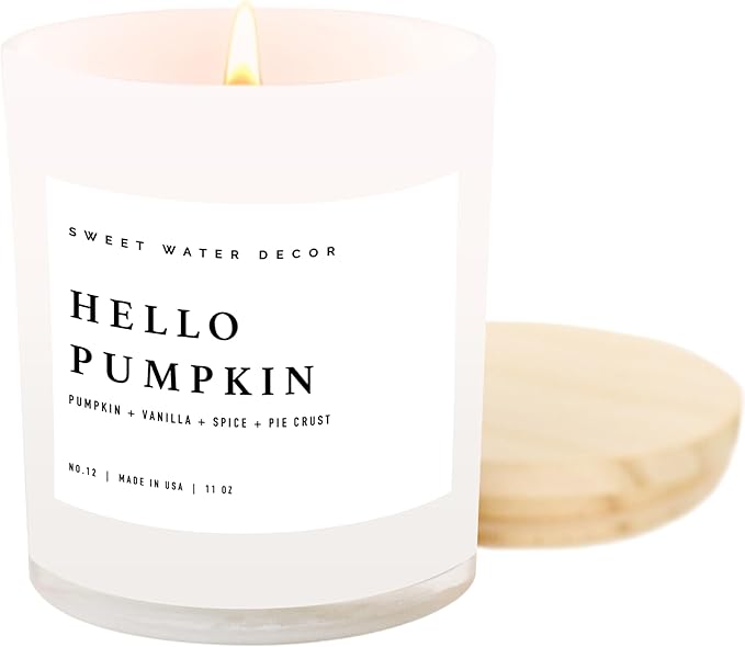 Sweet Water Decor Hello Pumpkin Candle - Fall Soy Candles with Pumpkin, Warm Spices, Vanilla and Buttery Pie Crust - Pumpkin Candles for Home with 50 Hours Burn Time - 11oz Wood Lid White Jar Candle - Bloomnest