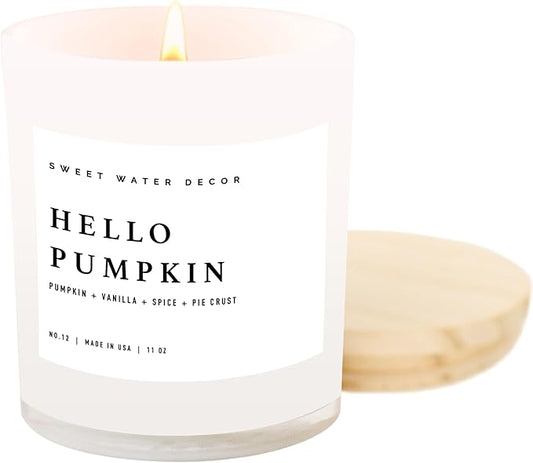 Sweet Water Decor Hello Pumpkin Candle - Fall Soy Candles with Pumpkin, Warm Spices, Vanilla and Buttery Pie Crust - Pumpkin Candles for Home with 50 Hours Burn Time - 11oz Wood Lid White Jar Candle - Bloomnest