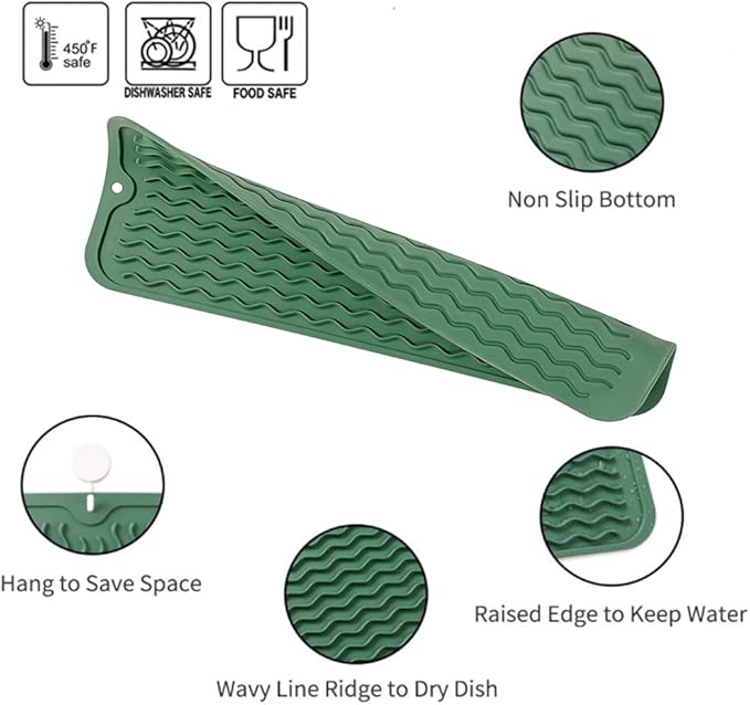 Silicone Dish Drying Mat for Multiple Usage,Easy clean,Eco-friendly,Heat-resistant Silicone Mat for Kitchen Counter,Sink,Bar,Bottle,or Cup Green M 17 inches x 6 inches - Bloomnest