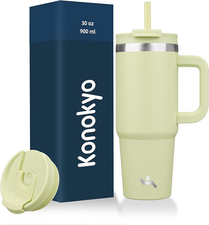 30 oz Tumbler with Handle and 2 Straws,2 in 1 Lid Insulated Water Bottle Stainless Steel Travel Coffee Mug,Macaron Green - Bloomnest