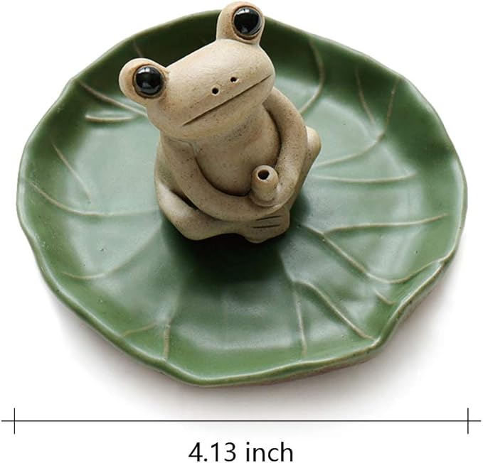 NAGU 100% Handmade Ceramic Stick Incense Burner Holder,Small Frog Incense,Lotus Leaf Tray,Mini Cute Animal Statue Home Incense Burner - Bloomnest