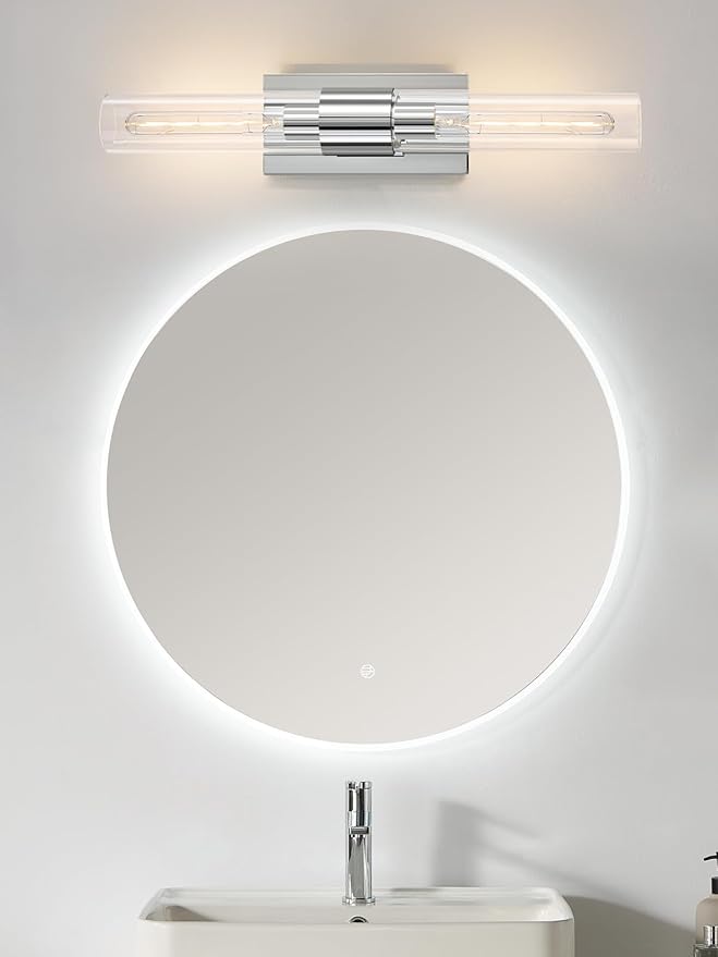 Chrome Tube Wall Sconces with Clear Glass, 24'' Modern Bathroom Vanity Light Fixtures for Bathroom Living Room Bedroom Hallway Fireplace Staircase(Bulb Included). - Bloomnest