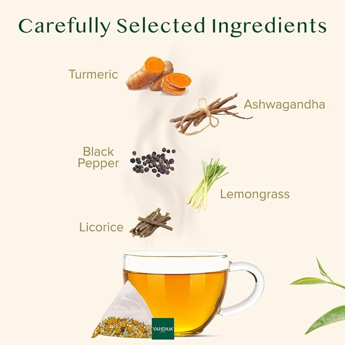 VAHDAM, Turmeric Ashwagandha Herbal Tea Bags (100 Count) Caffeine Free, Non GMO, Gluten Free | 100% Pure Herbal Blend - Sweet & Earthy | Whole Leaf Tea Bags | Resealable Ziplock Pouch - Bloomnest