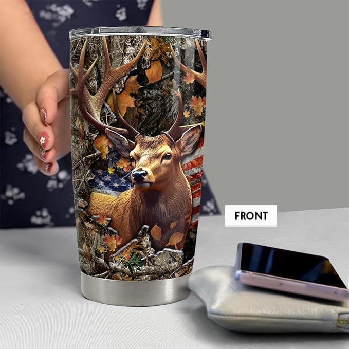 SANDJEST Personalized Deer Hunting Tumbler 20oz 30oz Insulated Tumblers with Lid Coffee Travel Mug Cup Hunter American Flag Hunting Gifts for Men Birthday - Bloomnest