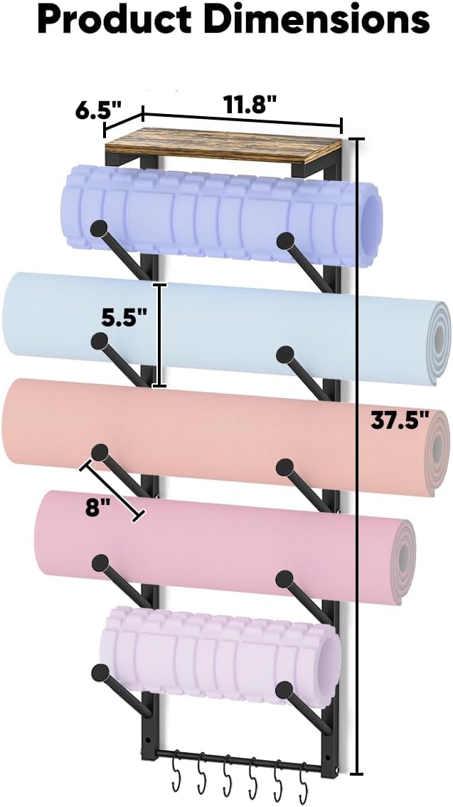 5 Tiers Yoga Mat Holder Rack Wall Mount with 6 Hooks for Hanging Accessory Yoga Strap Foam Rollers Resistance Bands, Yoga Mats Organizer with Floating Shelf for Home Gym Storage Fitness
