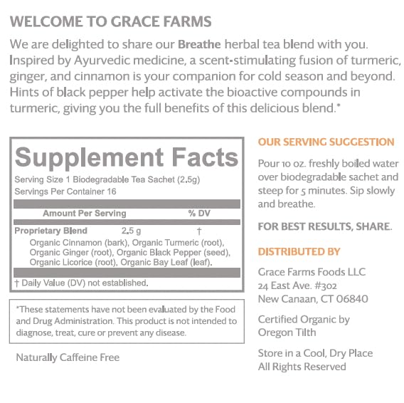 Grace Farms BREATHE Wellness Organic Tea Blend (100 Enveloped Pyramid Sachets w/ String & Tag) | Turmeric and Ginger with Adaptogenic Herbs | Immunity Support | Caffeine Free | Gives Back 100% of Profits - Bloomnest