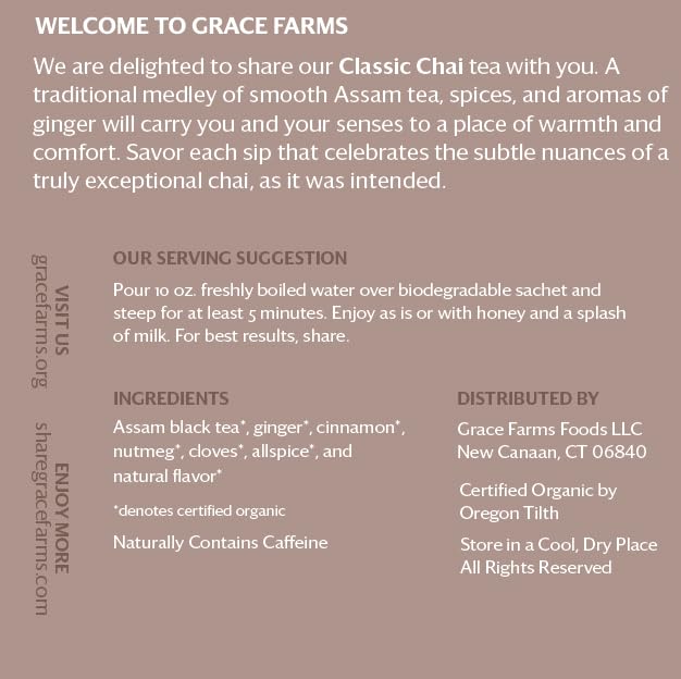 Grace Farms Organic Classic Chai Black Tea, 16 Pyramid Sachets | Ginger & Spices | Fairtrade & Kosher |Gives Back 100% of Profits - Bloomnest