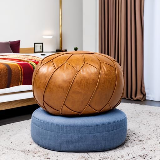 Moderner Faux Leather Pouf Unstuffed Ottoman Moroccan Footstool, Floor Footrest Cushion, Storage Solution - Natural Brown Color - Bloomnest