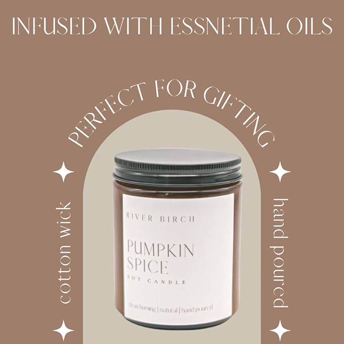 River Birch Candles Pumpkin Spice Scented Candle | Premium, All-Natural, Non-Toxic, Soy Amber Jar Candles | 8.5oz 40 Hr Burn Time | Cozy Relaxing Gifts for Home - Bloomnest
