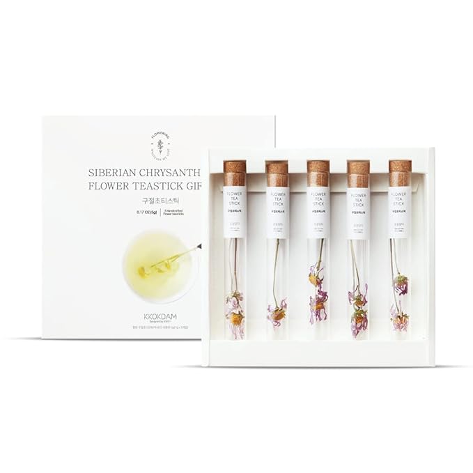 KKOKDAM Tea Gift Set - Siberian Chrysanthemum Blooming Stick Flowers - Fancy Korean Gifts For Tea Lovers - 5 Premium Flower Sticks - Bloomnest
