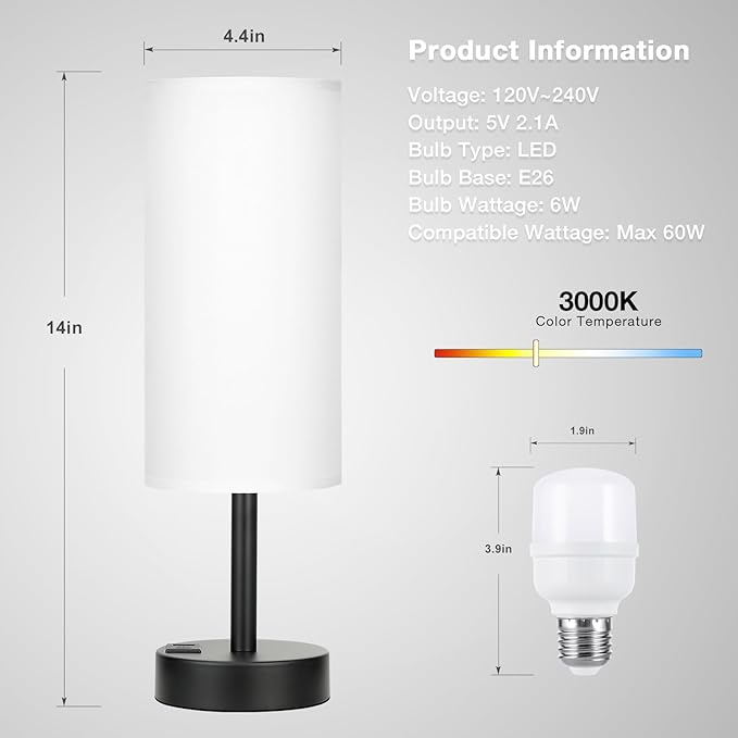 Bedside Touch Table Lamps for Bedroom Nightstand with USB-C USB-A Charging Ports White, 3 Way Dimmable Small Lamp Fabric Shade Black Base for Office, Living Room, Dorm Room Reading - Bloomnest