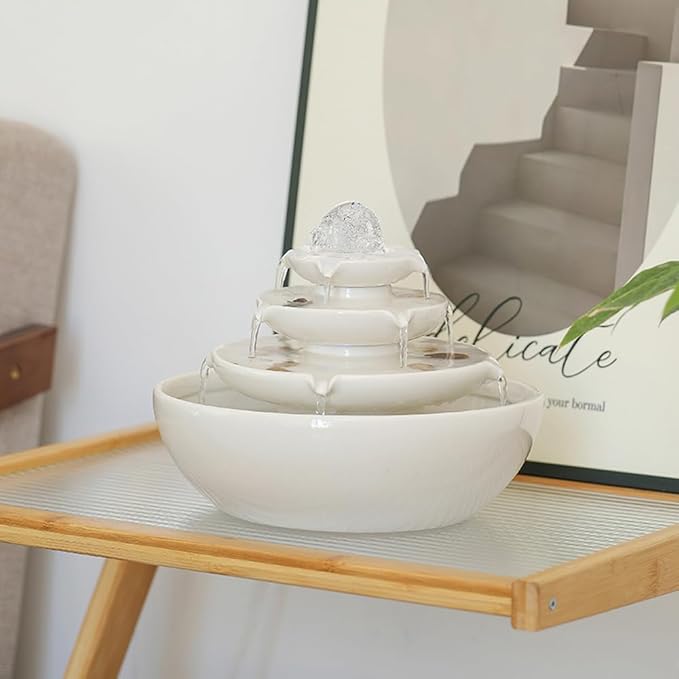 Indoor Tabletop Ceramic Fountain Water Feature Home Kitchen Office Decoration Modern Design Style (White) - Bloomnest