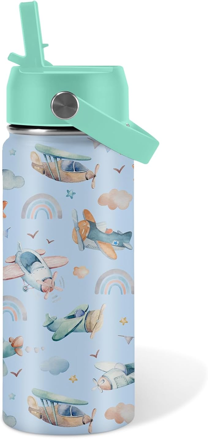 Airplane Gifts - 16oz Kids Blue Airplane Water Bottle with Straw Lid, Stainless Steel Insulated Tumbler, Leakproof, BPA-Free, for Boys, School, Travel - Helicopter Pilot Lovers Birthday Gift Cup (1pc) - Bloomnest