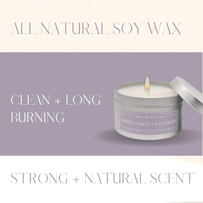River Birch Candles White Sage + Lavender Scented Candle | Premium, All-Natural, Non-Toxic, Soy Candles | 8 oz. Silver Tin Travel Candle | Cozy Relaxing Gifts for Home - Bloomnest