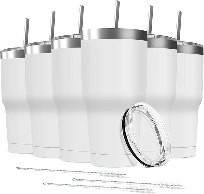 30oz Stainless Steel Travel Mug with Lid, 6 Pack Double Wall Vacuum Insulated Bulk Tumbler with 6 Straws, Powder Coated Coffee Cup Suitable for Vehicle Cup Holders(White) - Bloomnest
