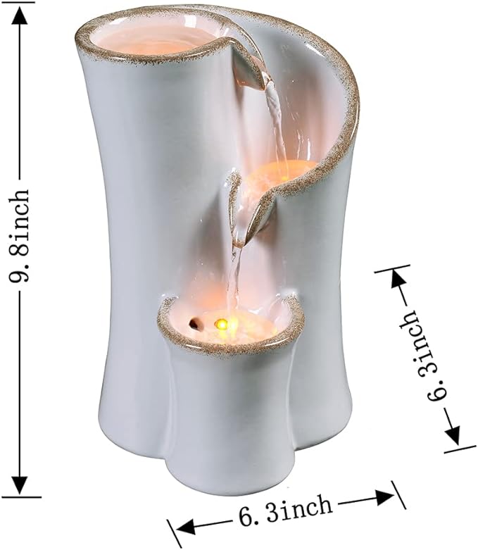 Haobos Indoor Water Fountain Imitation Ceramics Appearance Tabletop Fountain Relaxation Desktop Waterfall w/ 3 Reflective led, 9.8 Inch Tall Fountain (Grey) - Bloomnest