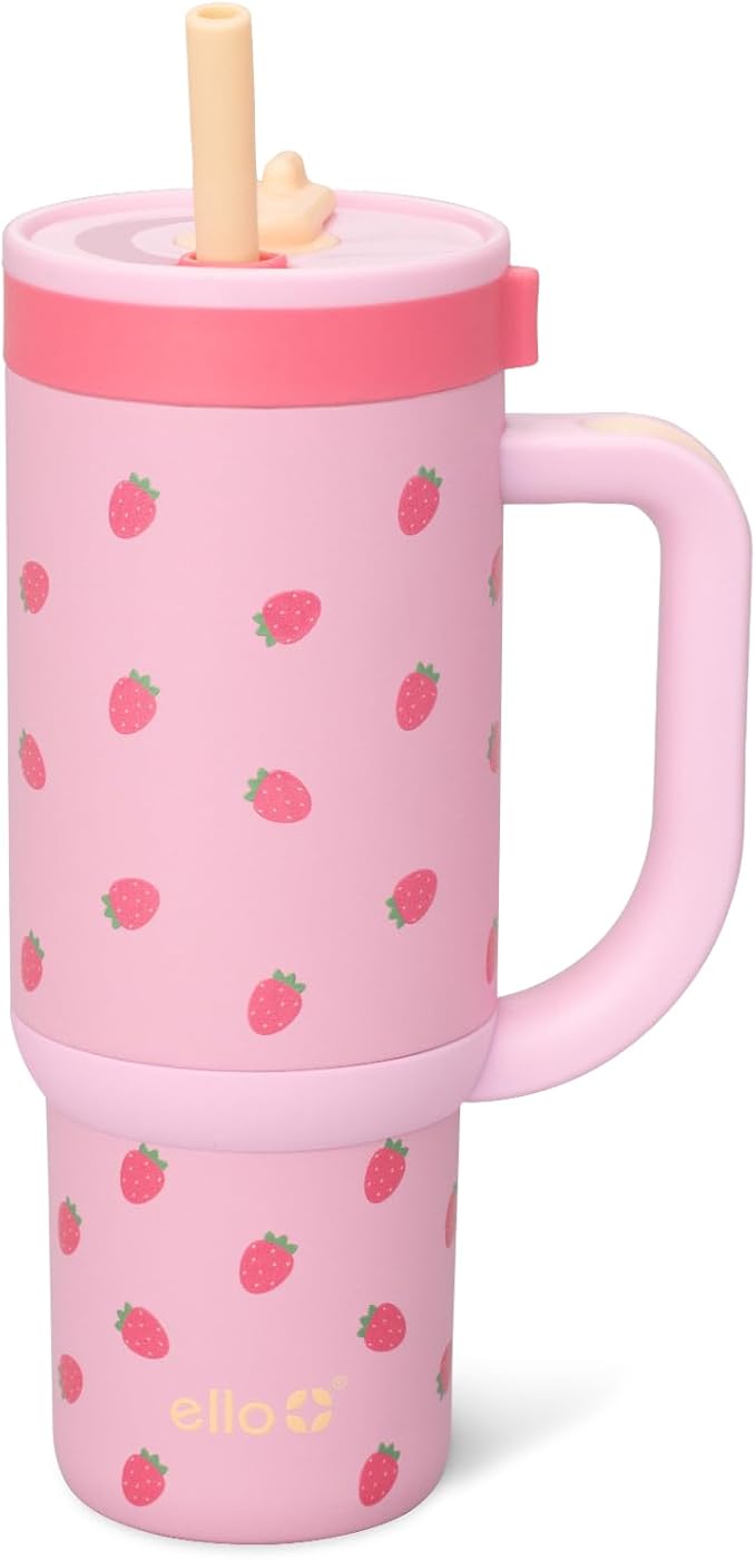 Ello Oasis 18oz Stainless Steel Kids Tumbler with Handle & Retracting Straw, 100% Leakproof, Double-Wall Vacuum Insulated, Kids Water Bottle for School, BPA Free + Dishwasher Safe, Strawberries - Bloomnest