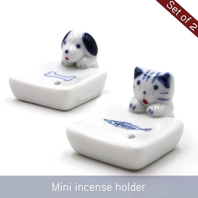 Set of 2, Japanese Mini Cute Kitty Cat with Dog Handmade White Ceramic Incense Stick Holder or Incense Burner Holder, Inscent Tray for Home Decor Yoga Spa Meditation, 1.42 inches - Bloomnest