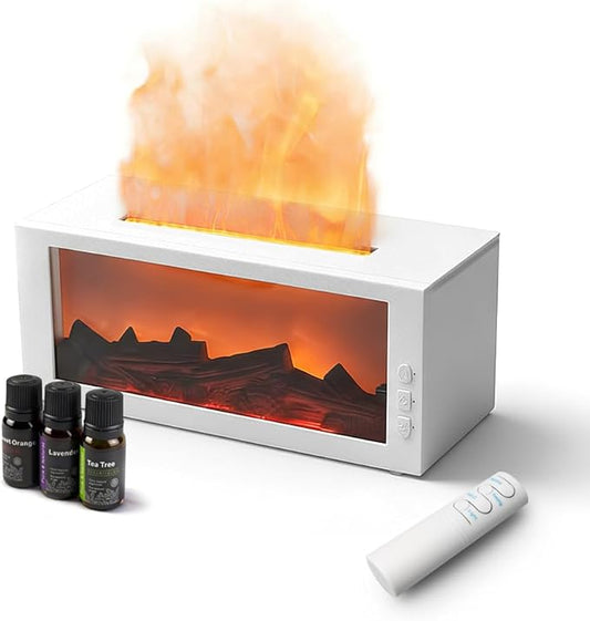 Fireplace Diffusers with Aromatherapy Oils Set,Flame Essential Oil Diffuser with Remote Control,300ml Small Humidifier for Home Room Decor Gift for Women (White) - Bloomnest