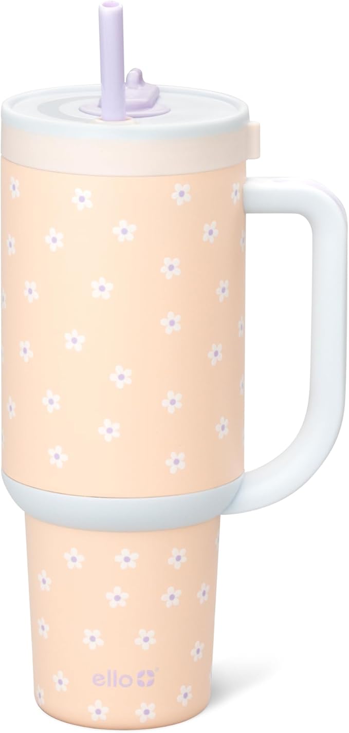 Ello Oasis 30 oz Tumbler with Handle & Retracting Straw | Reusable Insulated Stainless Steel Cup 100% Leakproof, Gifts for Teens Women Men | Keeps cold for 24 Hours, Cup Holder Friendly, Daisies - Bloomnest