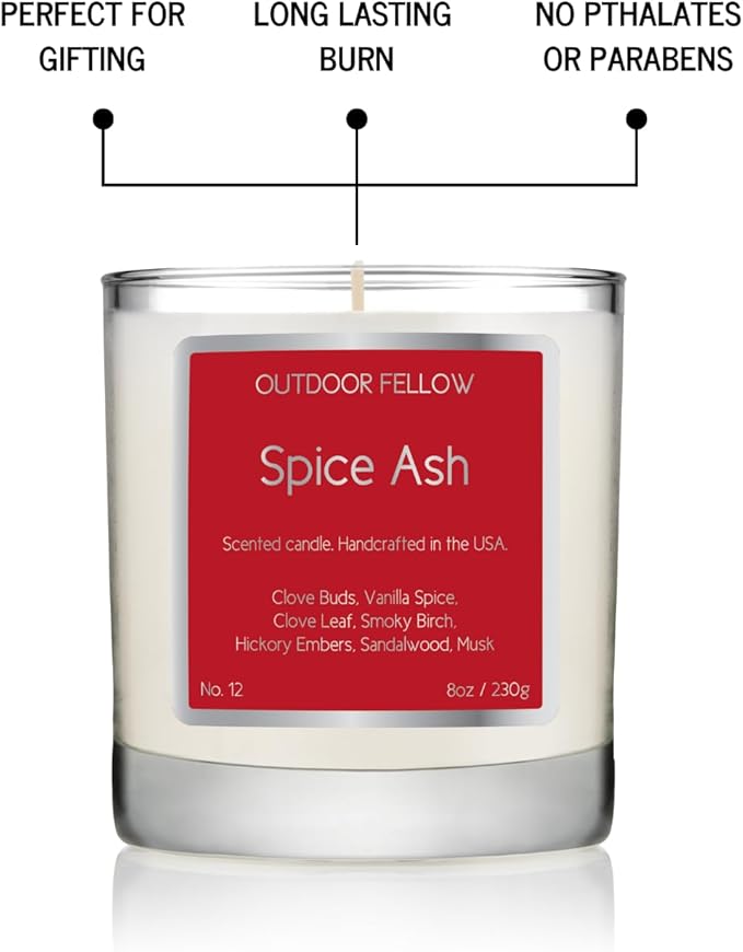 Outdoor Fellow Spice Ash Candle | Luxury Scented Candle with Coconut & Apricot Wax Blend | Clove, Smoky Birch, Sandalwood & Musk | 40+ Hour Burn Time | Perfect for Home or Gifting (8oz) - Bloomnest