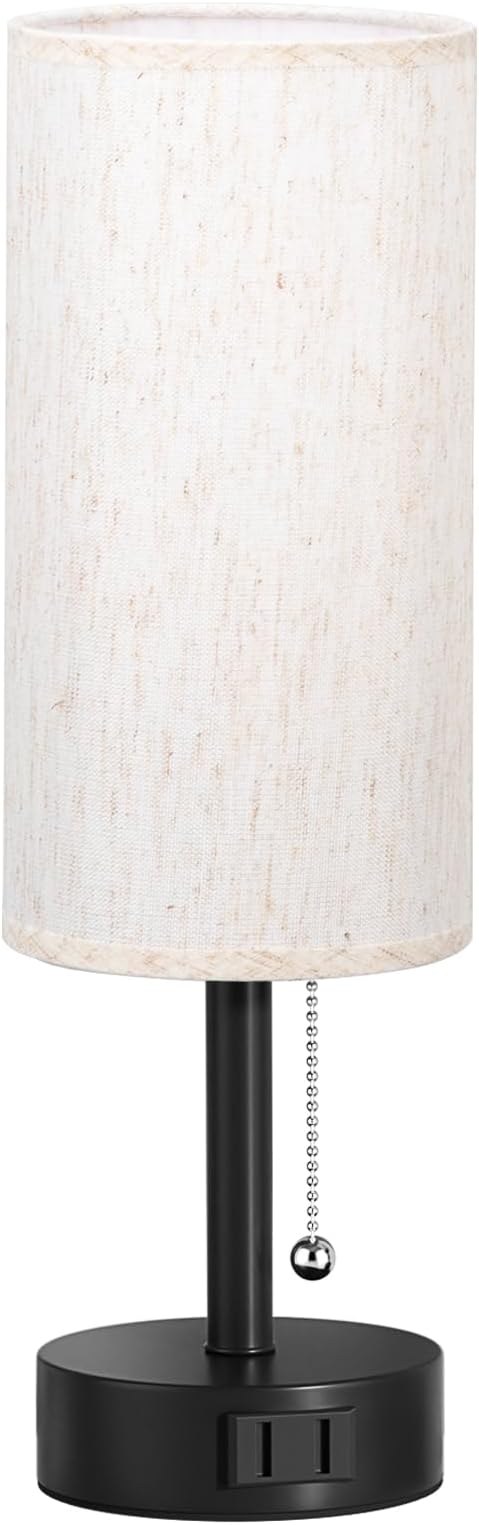 Fenmzee Bedside Table Lamp for Nightstand - 3 Color Temperatures Pull Chain Lamp with AC Outlet Charging Port, Round Night Stand Light for Bedroom Living Room, Small Bed Side Light with E26 LED Bulb - Bloomnest