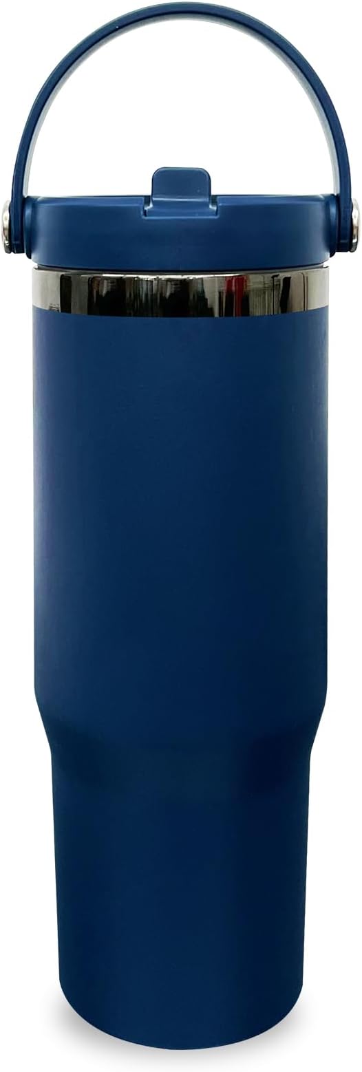 30 oz Tumbler with Handle, Double Wall Vacuum Insulated Tumblers with Flip Straw, Coffee Mug 30oz Powder Coated Cup for Hot and Cold Drinks(Black Plated, Navy,1 pack)