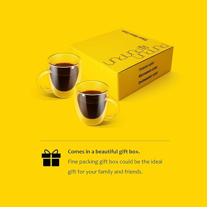 PunPun Coffee Cups Clear12.9OZ. 380ml Coffee Mugs, Espresso Cups,Double Wall Milk Cup with Big Handle,Perfect Mug for Hot Beverages, Latte, Cappuccinos Set of 2 - Bloomnest