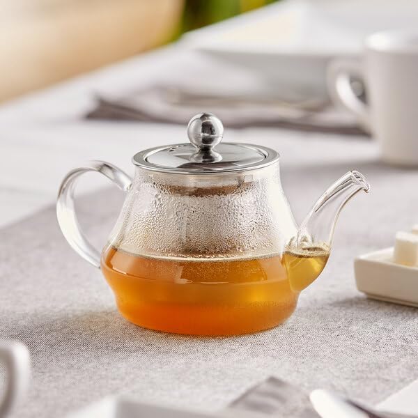 Azalea Glass Teapot, 12 oz, Clear Borosilicate Glass with Stainless Steel Infuser, Round Shape, Dishwasher Safe