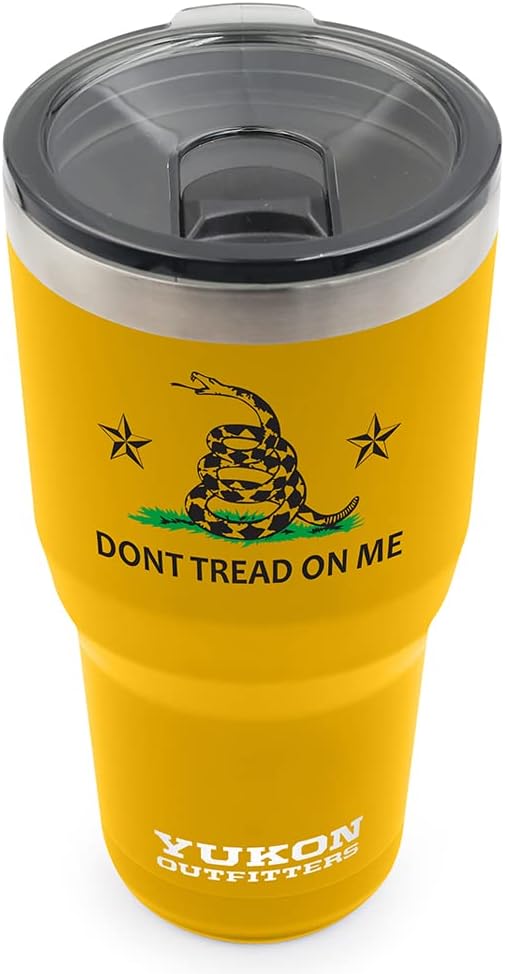 Yukon Outfitters Freedom High Grade 18/8 Stainless Steel Double Wall Vacuum Insulated Tumbler (30oz / 890ml) - 7.85" H x 3.9" Top Dia. / 2.9" Bottom dia., Gold with 'Dont Tread On Me' print - Bloomnest